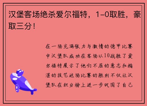 汉堡客场绝杀爱尔福特，1-0取胜，豪取三分！