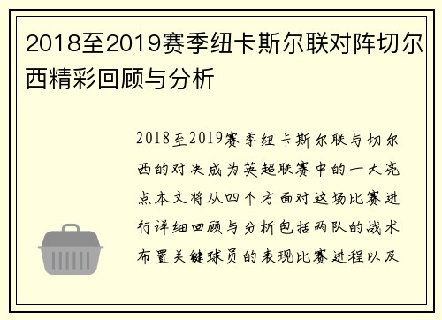 2018至2019赛季纽卡斯尔联对阵切尔西精彩回顾与分析