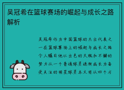 吴冠希在篮球赛场的崛起与成长之路解析